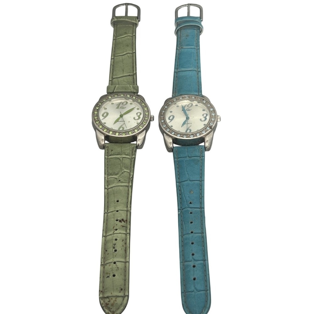 Pair of Women's Fashion Wristwatches Green & Blue Bands Rhinestone Bezel